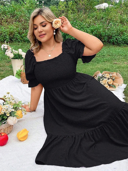 Plus Size Square Neck Wrap Ruffle Hem Midi Dress ANOINTED_ADORNED