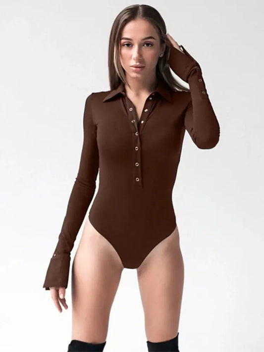 🌿 Single‑Breasted Turn‑Down Collar Long Sleeve Bodysuit ANOINTED_ADORNED