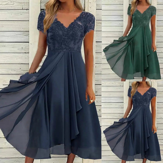 Women's Chiffon Long Dresses A Line V Neck Lace Panel Hollow Prom Dresses Ladies Bridesmaid Evening Dresses Short Sleeve Dress ANOINTED_ADORNED