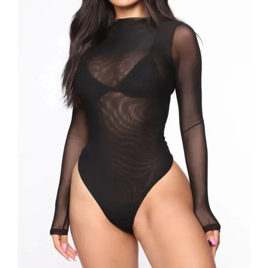 New Sexy See-Through Bodysuit for Women Long Sleeve Solid Color Fashion One-pieces Female Jumpsuits Bodysuits Slim Fit Clothing ANOINTED_ADORNED