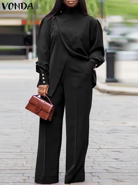 Plus Size High Neck Split Top & Wide Leg Pants Set ANOINTED_ADORNED