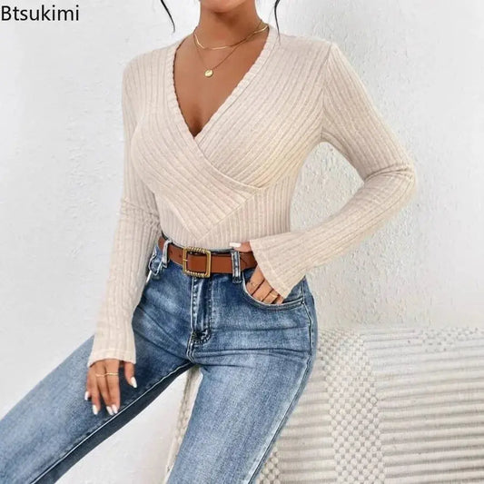 Long Sleeve Women's V-Neck Casual Beige Bodysuit Ribbed Knitted Skinny Body Suit Top for Women 2026 New Spring Autumn Outfits ANOINTED_ADORNED