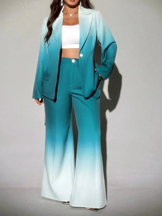 Plus Size Ombre Flared Suit Set for Women, Elegant Blazer & Wide Leg Pants, Fall Winter Stylish Outfit ANOINTED_ADORNED