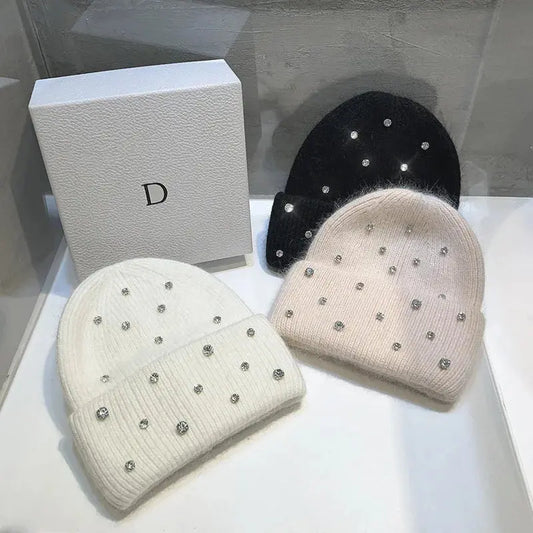 Luxury Rhinestone Beads Knitted Hat Korean Women Rabbit Fur Wool Skullies Cap Winter Fashion Thickened Warm Bonnet Beaanies ANOINTED_ADORNED