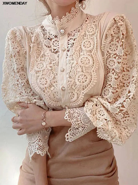 Women Chiffon Button Turtleneck Shirt Chic Elegant Floral Lace Fluffy Long Sleeve Top Fashion Hollow Oversize White Blouse 2025 ANOINTED_ADORNED