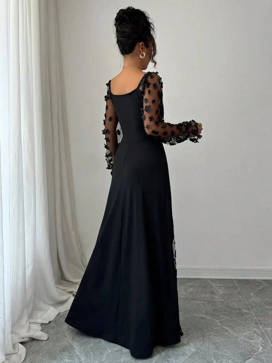 Elegant Black Long Sleeve Maxi Dress with Floral Applique, Perfect for Parties, Weddings & Formal Events ANOINTED_ADORNED