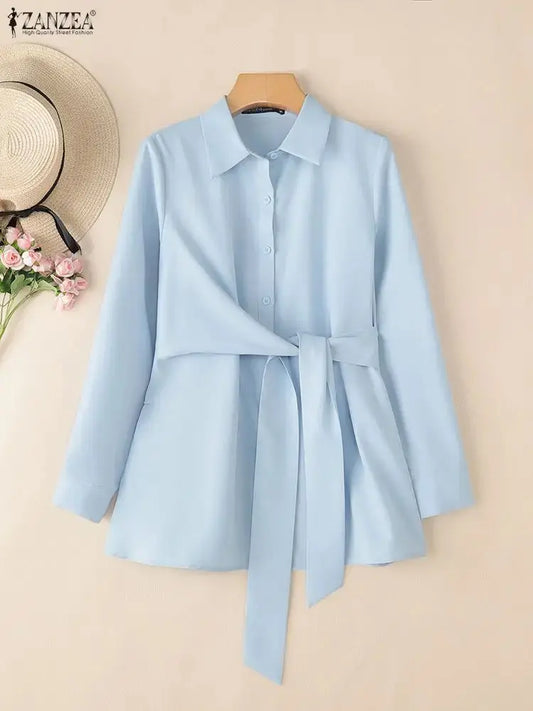 Stylish Women Shirt ZANZEA 2026 Spring Office Blouse Elegant Lapel Neck Long Sleeve Shirt Solid Button Tops Lace-Up Blusas Femme ANOINTED_ADORNED