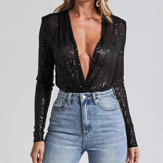 Sequined Long Sleeves Bodysuits Fashion V-neck Slim Playsuits Elegant Shiny Bodycon Jumpsuit Women Body Shaper Rompers Nightclub ANOINTED_ADORNED