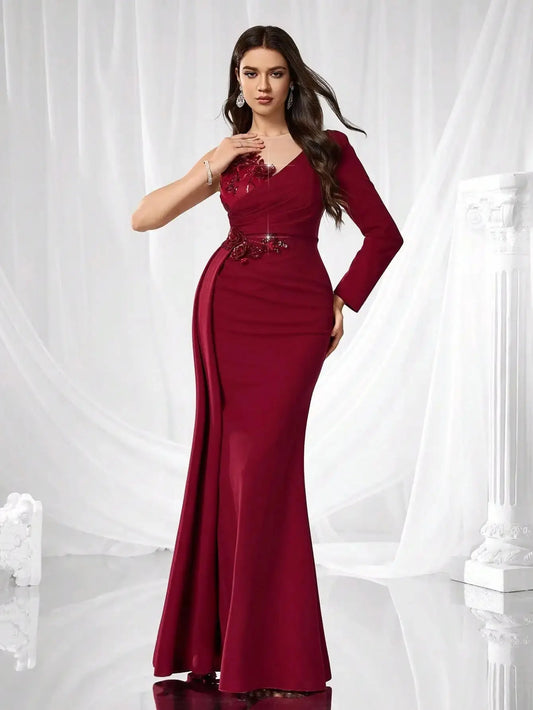 Elegant Burgundy Long Sleeve Evening Gown with Floral Embellishments, V-Neck Mermaid Dress for Wedding Guest or Formal Events ANOINTED_ADORNED