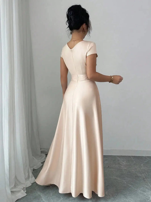Elegant V-Neck Satin A-Line Long Dress for Women, Romantic Style with Accordion Detail ANOINTED_ADORNED