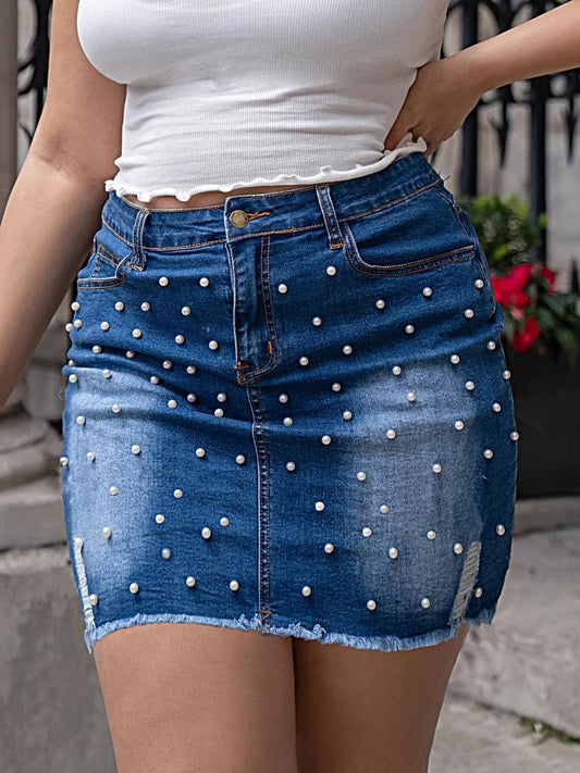 Plus Size Pearl Embellished Denim Skirt See size chart under “more details” The Fashion Celestial