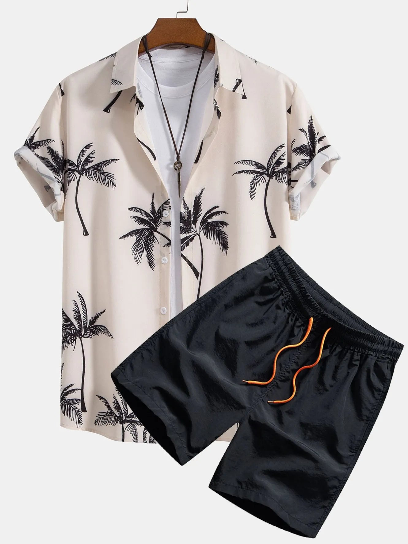 Men's Full Size Palm Tree Print Short Sleeve Shirt and Shorts Set Plus Size