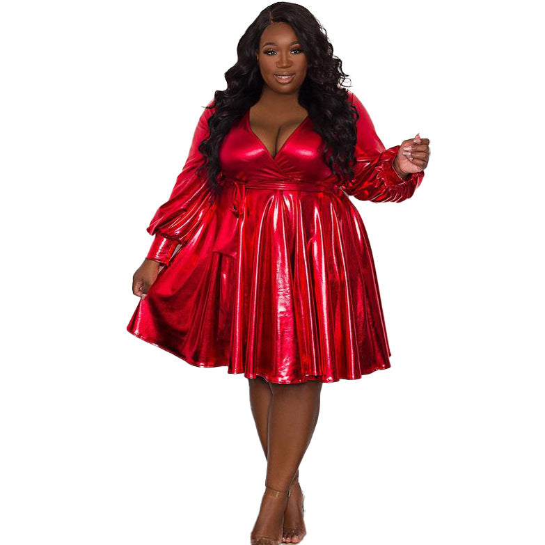 Plus Size Women's Solid Color Long Sleeve Dress Lace Up Hem Fashion Sexy Ladies Dress