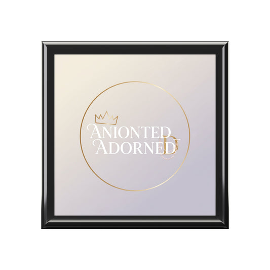 Anointed & Adorned Jewelry Box — Elegant Black Keepsake Box with Gold Foil Design Printify