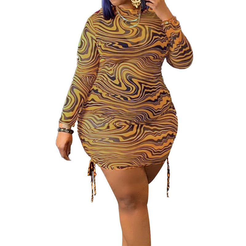 Plus Size Women's Mesh Zebra Print Drawstring Dress