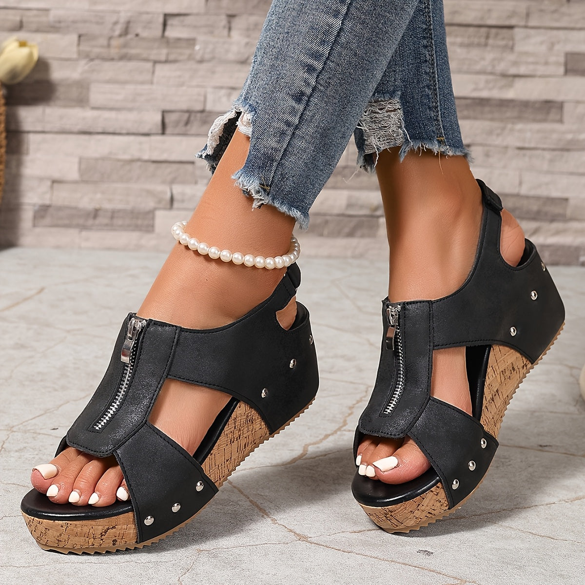 Women's Retro Wedge Sandals — Open Toe Zipper Closure Trendy Attic Store01