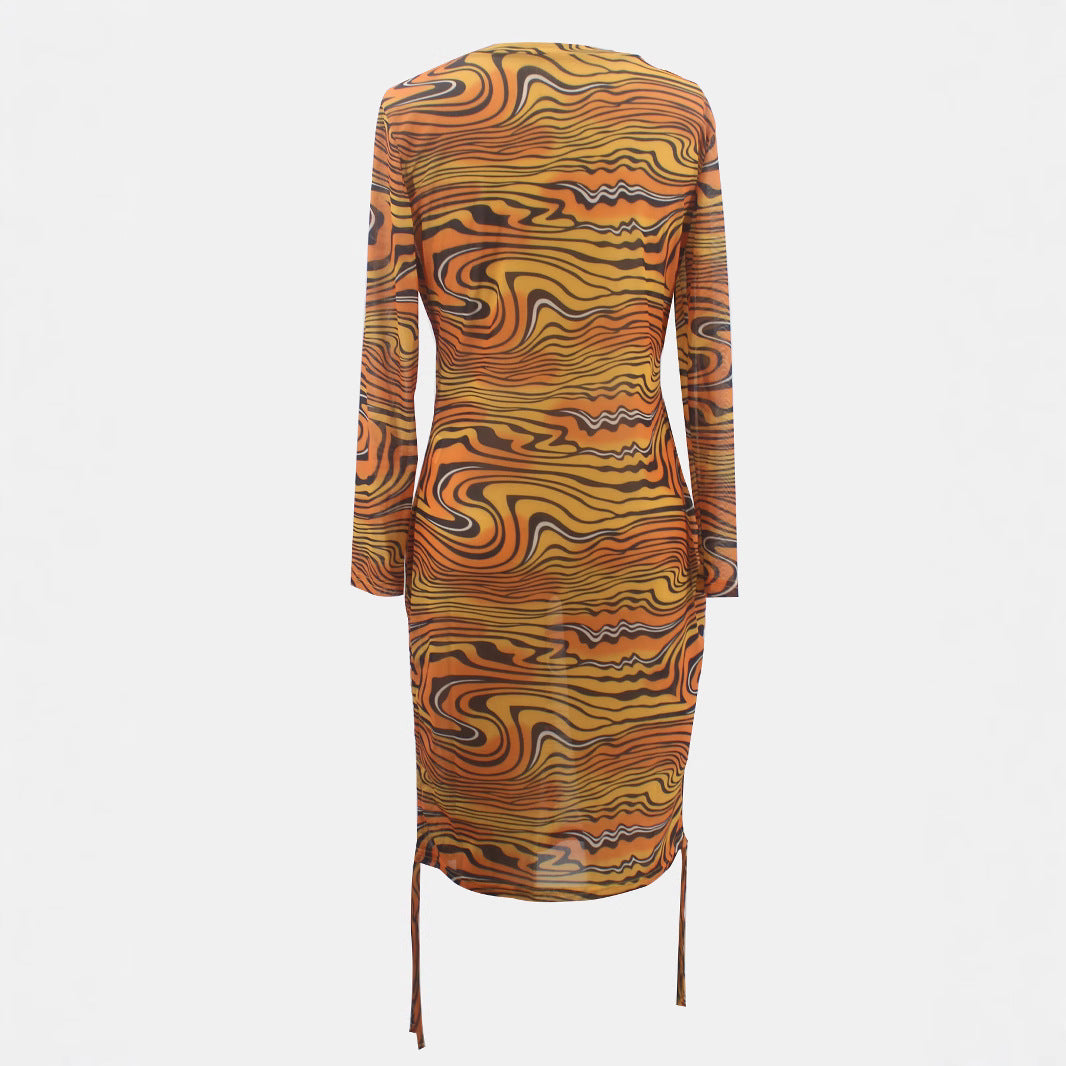 Plus Size Women's Mesh Zebra Print Drawstring Dress