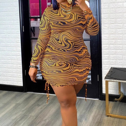 Plus Size Women's Mesh Zebra Print Drawstring Dress