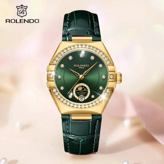 ROLENDO Constellation Style Automatic Women's Watch Secret Emerald Strap Green Dial Day-Date Sapphire Crystal Waterproof Elegant ANOINTED_ADORNED