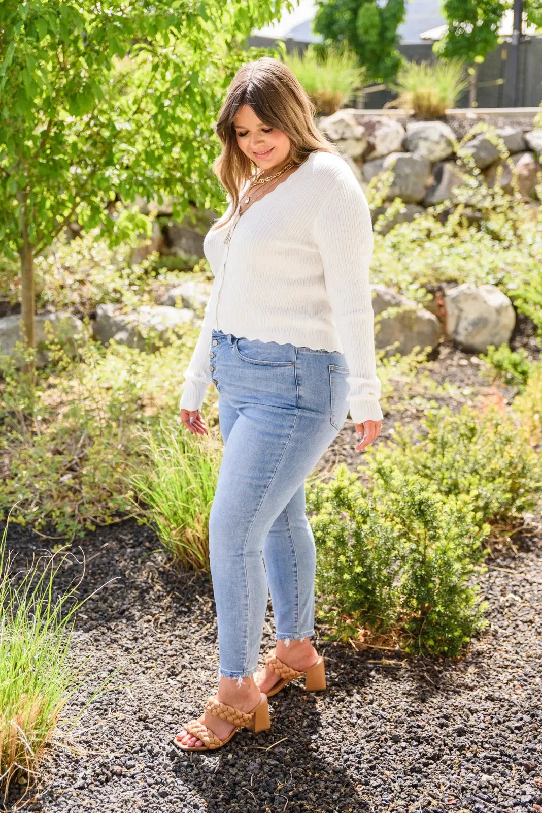 Women's plus size stretch high-waisted button ripped skinny jeans, casual and comfortable, suitable for everyday wear. ANOINTED_ADORNED