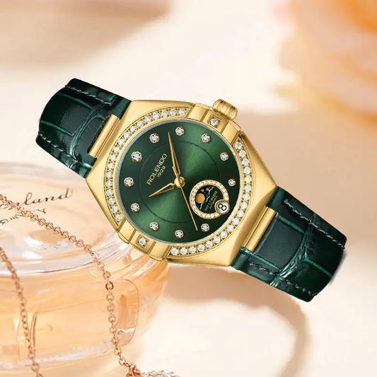 ROLENDO Constellation Style Automatic Women's Watch Secret Emerald Strap Green Dial Day-Date Sapphire Crystal Waterproof Elegant ANOINTED_ADORNED