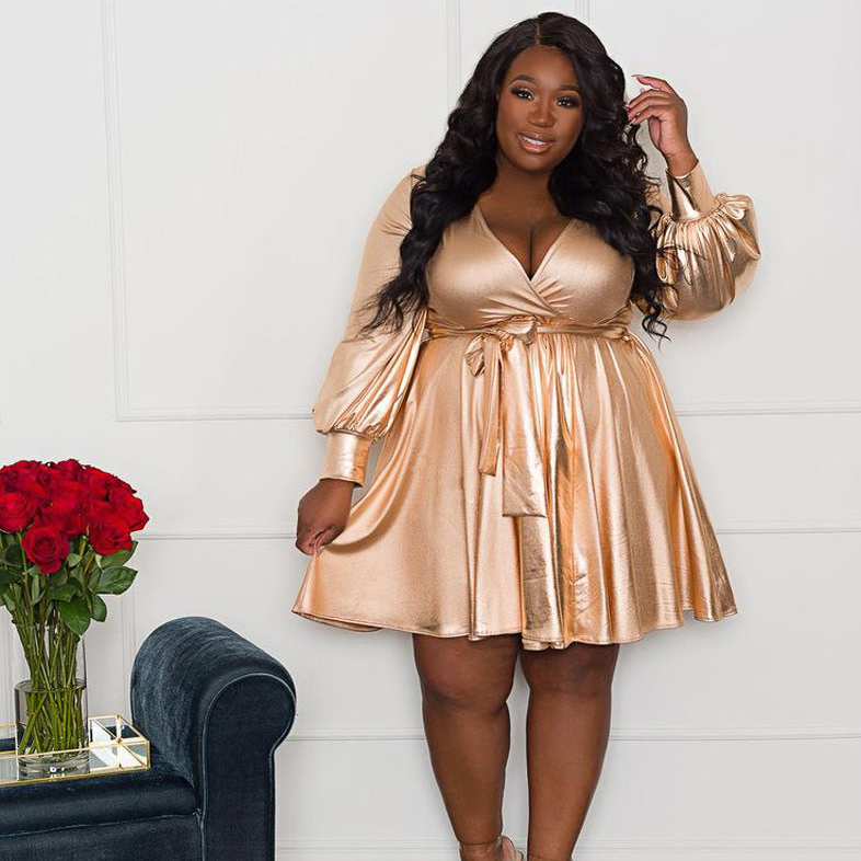 Plus Size Women's Solid Color Long Sleeve Dress Lace Up Hem Fashion Sexy Ladies Dress