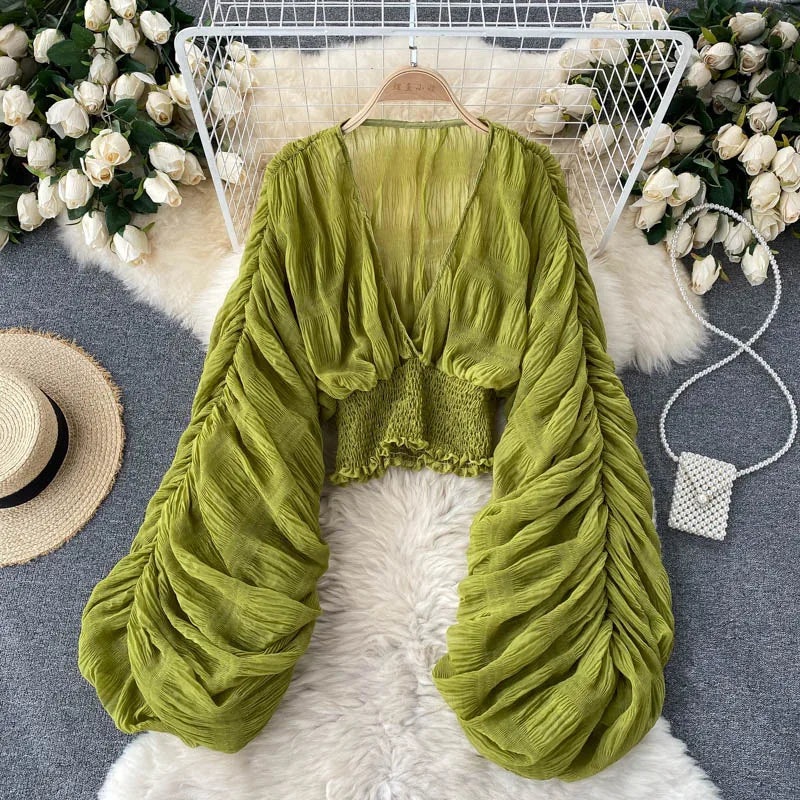 Women's Draped Chiffon V-Neck Puff Sleeve Blouse ANOINTED_ADORNED
