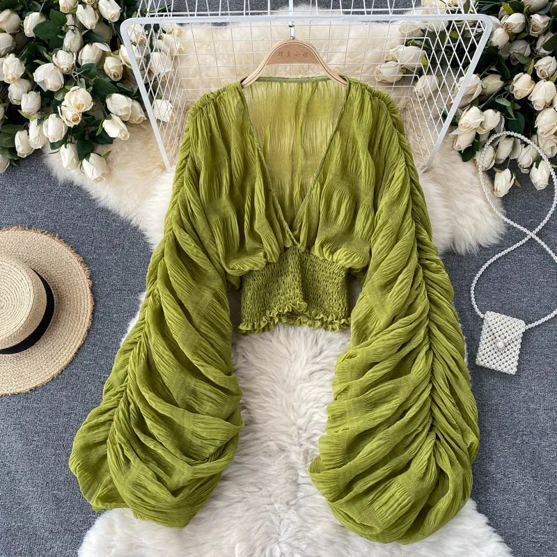 Women's Draped Chiffon V-Neck Puff Sleeve Blouse ANOINTED_ADORNED