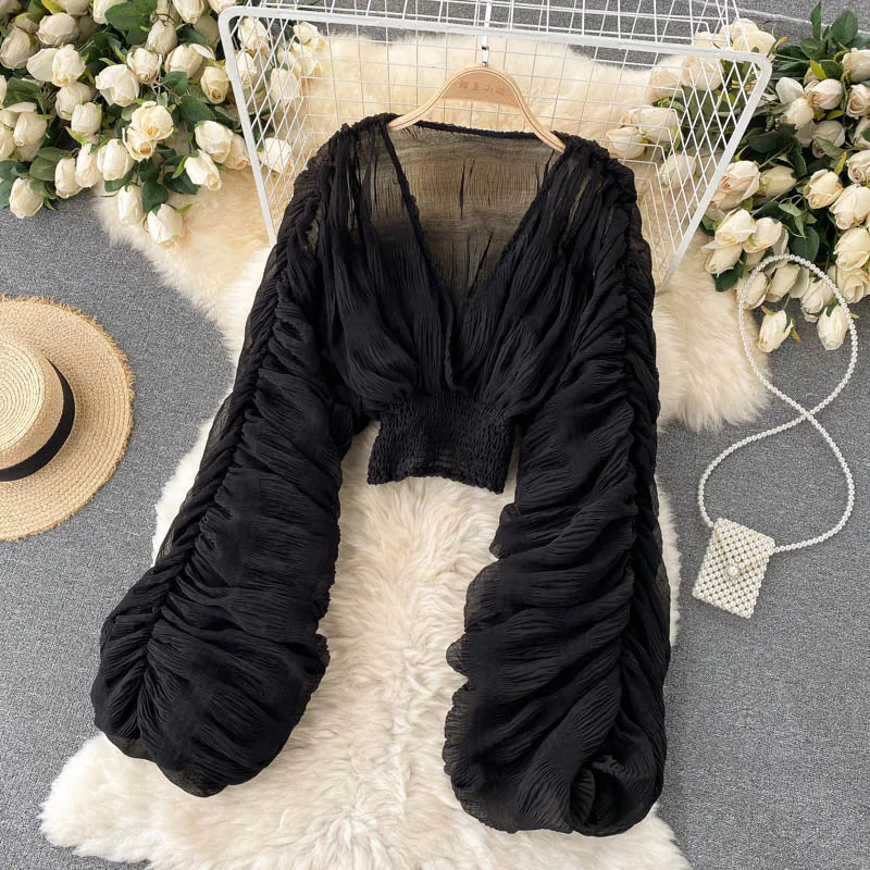 Women's Draped Chiffon V-Neck Puff Sleeve Blouse ANOINTED_ADORNED