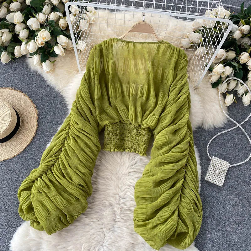 Women's Draped Chiffon V-Neck Puff Sleeve Blouse ANOINTED_ADORNED