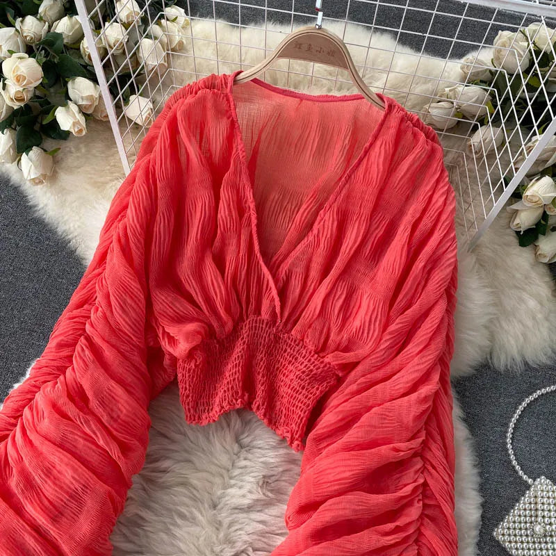 Women's Draped Chiffon V-Neck Puff Sleeve Blouse ANOINTED_ADORNED