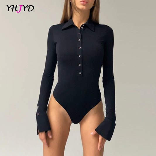 🌿 Buttoned Turn‑Down Collar Long Sleeve Bodysuit