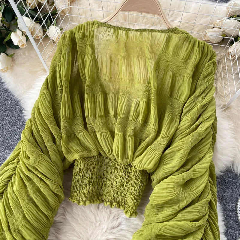 Women's Draped Chiffon V-Neck Puff Sleeve Blouse ANOINTED_ADORNED