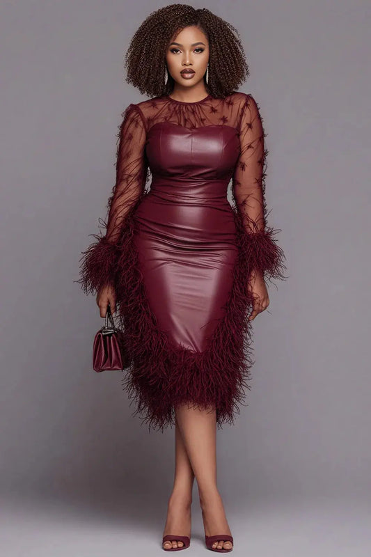 Plus Size Cocktail Party Burgundy Round Neck Long Sleeve Trimmings Elegant See Through Tulle PU Leather Midi Dresses ANOINTED_ADORNED