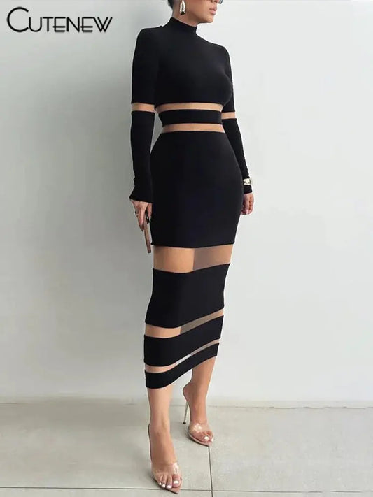 NIBBER Women's Elegant Turtleneck Stripe Knitted Maxi Dress Full Sleeves Body-shaping Robe Evening Sexy Attirewear Vestidos ANOINTED_ADORNED