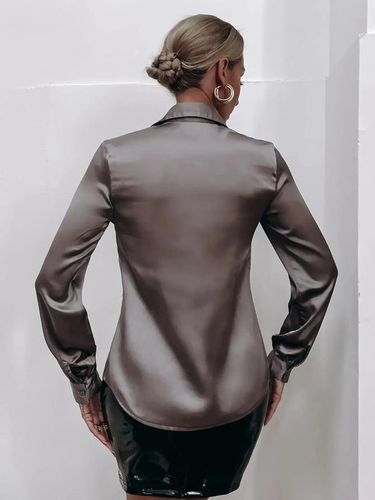 Leighera Satin Solid Button Front Shirt,Long Sleeve Tops Fall Cloth For Women ANOINTED_ADORNED