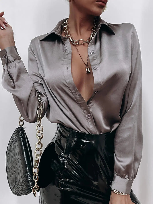 Leighera Satin Solid Button Front Shirt,Long Sleeve Tops Fall Cloth For Women ANOINTED_ADORNED