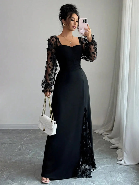 Elegant Black Long Sleeve Maxi Dress with Floral Applique, Perfect for Parties, Weddings & Formal Events ANOINTED_ADORNED