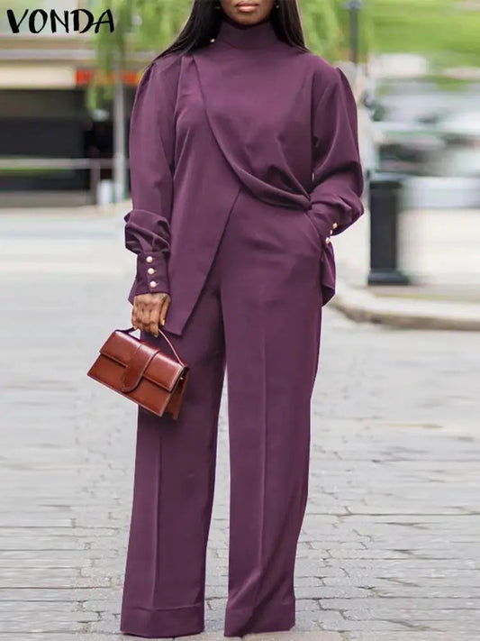 Plus Size VONDA Women Autumn High Neck Suits Solid Color Long Sleeve Matching Sets Elegant Split And Wide Leg Long Trousers 2PCs ANOINTED_ADORNED