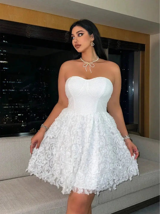 Plus Size 2025 Summer New Models Elegant Three-Dimensional Flowers Flowers Net Yarn Patchwork Corset Dress Polyester Material ANOINTED_ADORNED