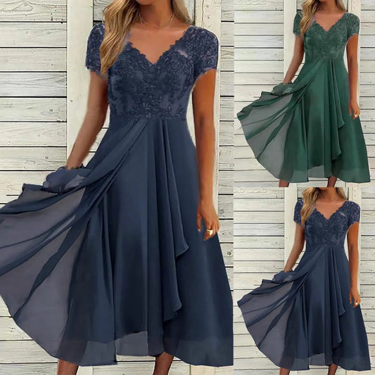 Women's Chiffon Long Dresses A Line V Neck Lace Panel Hollow Prom Dresses Ladies Bridesmaid Evening Dresses Short Sleeve Dress ANOINTED_ADORNED