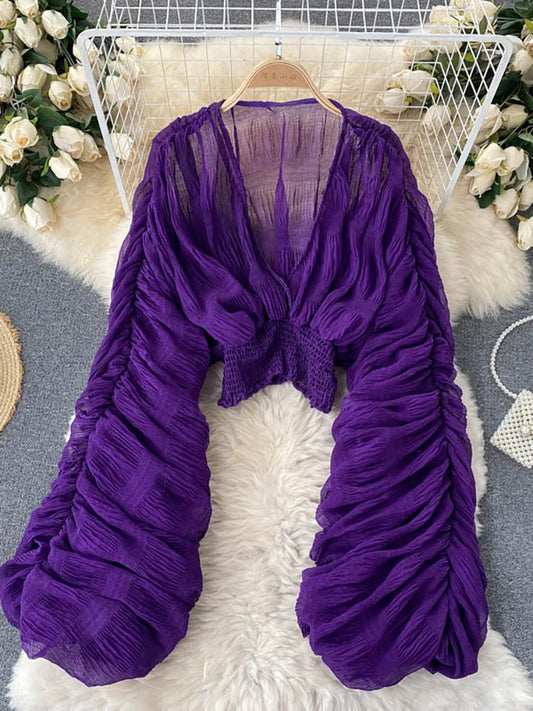 Women's Draped Chiffon V-Neck Puff Sleeve Blouse ANOINTED_ADORNED