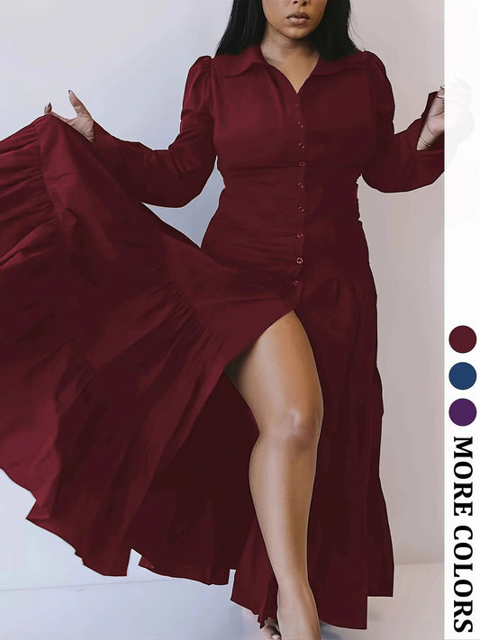 Plus Size Women’s Button-Front Maxi Dress – Long Sleeve Collared Shirt Dress with High Slit for Casual Outings, Parties & Dinner ANOINTED_ADORNED