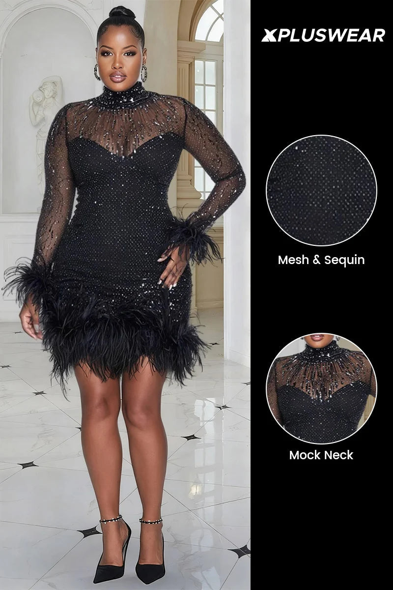 Black Mock Neck Long Sleeve Bodycon Feather Mesh Mini Dress ANOINTED_ADORNED