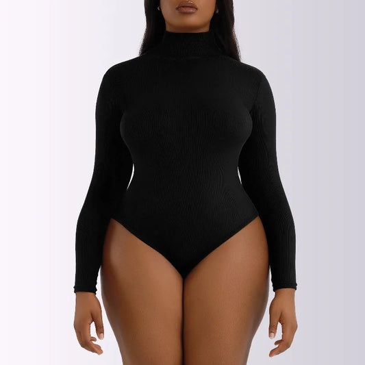 Plus Size Long Sleeve Bodysuit Women's Winter Turtleneck Bottoming Shirt Bodycon Onesie Rib Knit Tights Top Slim Fit Streetwear