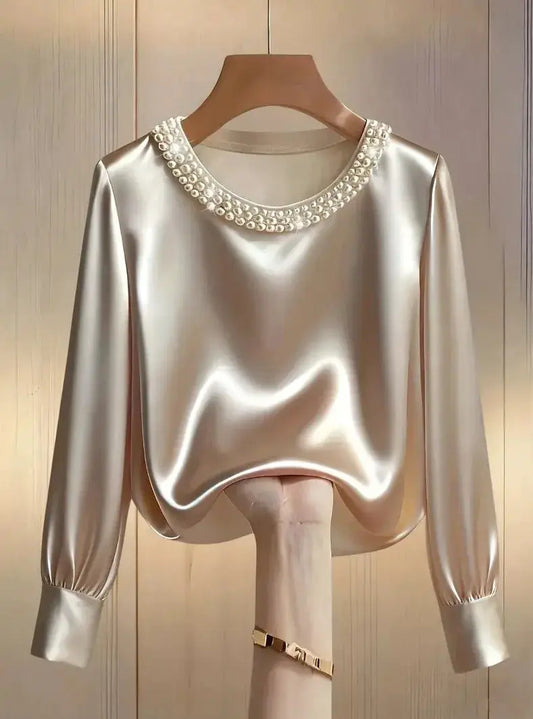 Elegant Satin Shirt Women Spring Autumn Bead Design Long Sleeve Silk Blouse Women Fashion O Neck Loose Pullover Tops ANOINTED_ADORNED