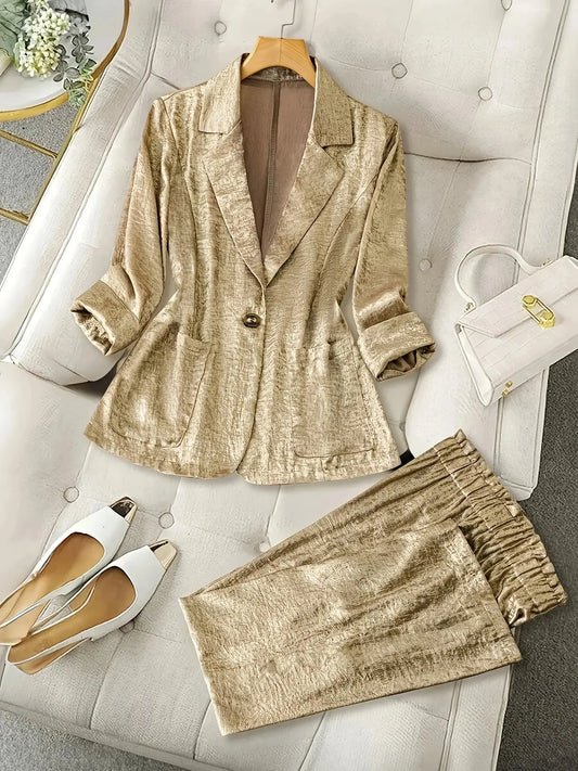 Metallic lapel single button pocket women's suit elegant jacket straight trousers suit, suitable for commuting, office, gatherin ANOINTED_ADORNED