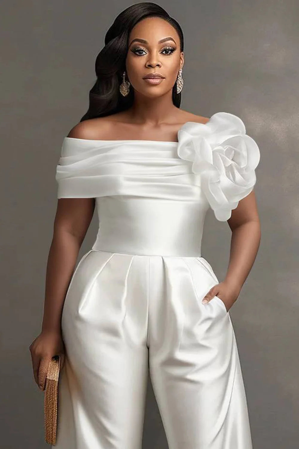 Elegant Off The Shoulder 3D Pocket Satin Jumpsuits ANOINTED_ADORNED
