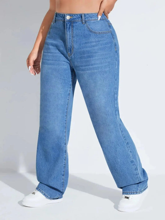 Plus-size women's jeans, loose-fitting stretch wide-leg jeans, simple, stylish, and perfect for everyday wear. ANOINTED_ADORNED