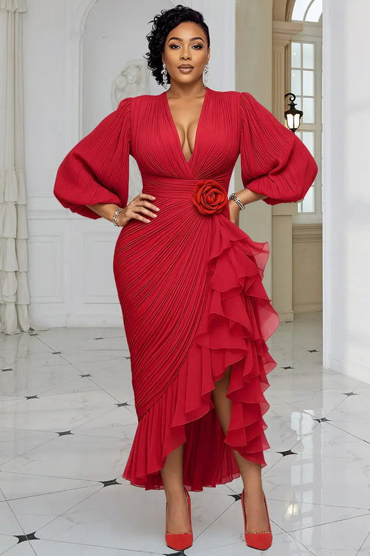 Plus Size Christmas Red V Neck Lantern Sleeve 3/4 Sleeve Ruffle Elegant Bodycon Chiffon Midi Dresses ANOINTED_ADORNED